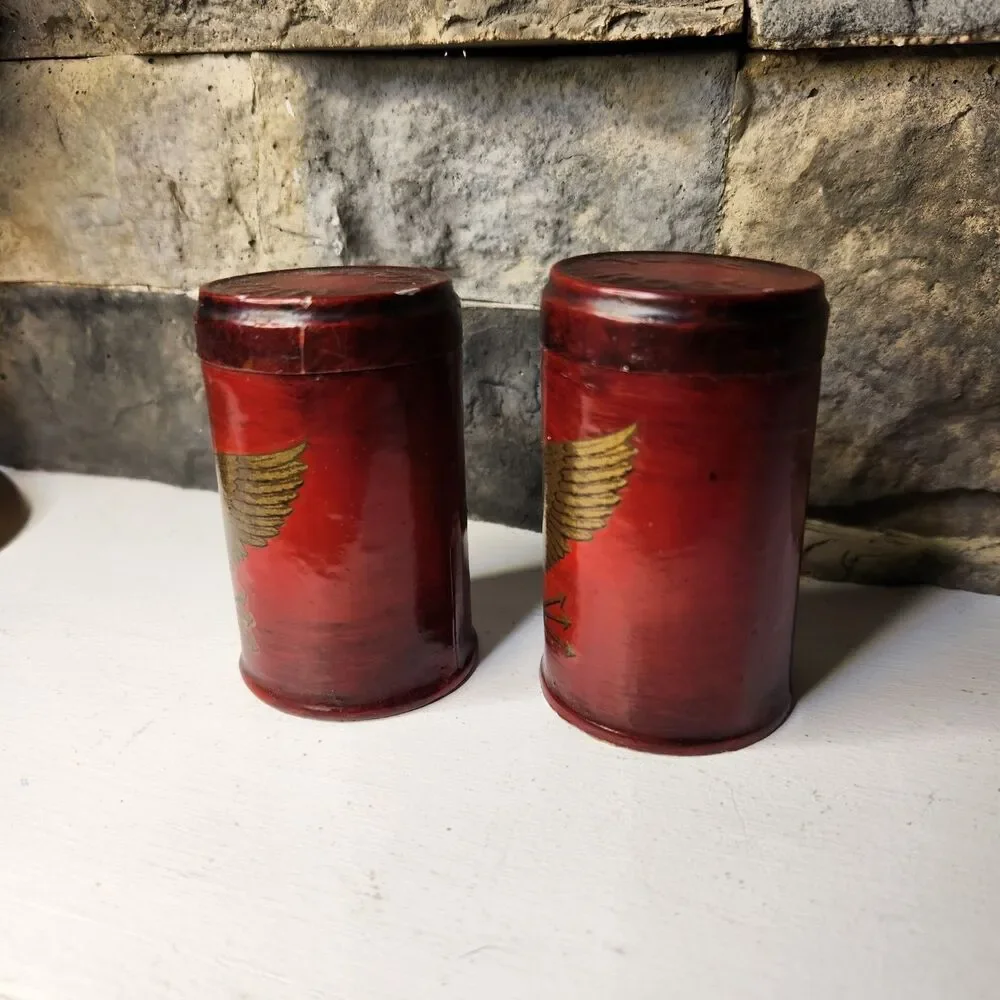 Vtg Set Of 2 Mid Century Patriotic Eagle Canister Matches Box Tin Container USA